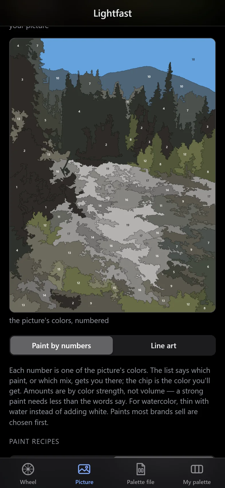 A photo of a mountain river turned into numbered areas, each one a paint color.